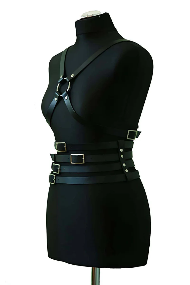 Women's faux leather harness outfit in