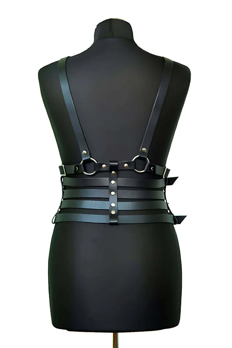 Black faux leather chest harness with adjustable shoulder