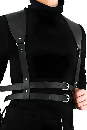 Dark Brown Faux Leather Shoulder Harness with Double Buckles Over Black Turtleneck