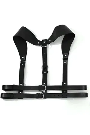 Dark Brown Faux Leather Shoulder Harness with Double Buckles Over Black Turtleneck