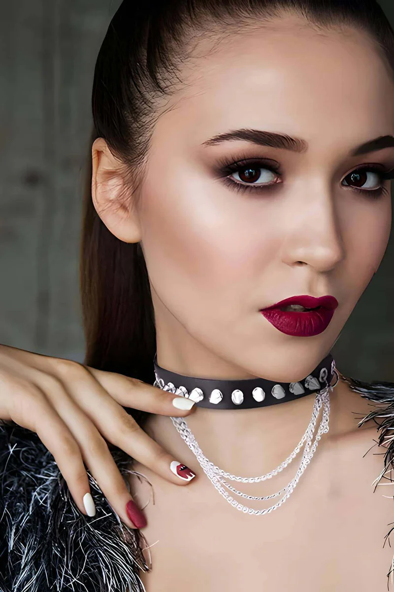 Spiked Leather Choker with Chain Detail - Adjustable Fashion Collar