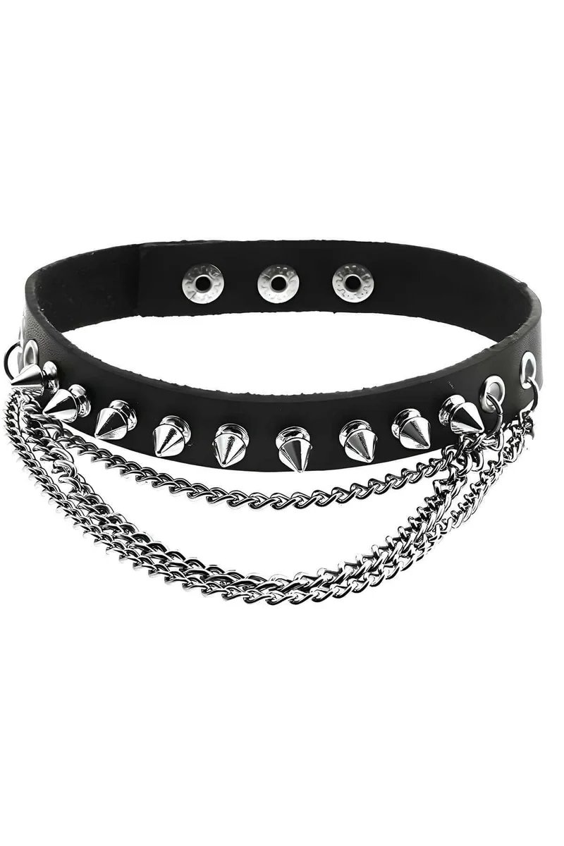 Spiked Leather Choker with Chain Detail - Adjustable Fashion Collar
