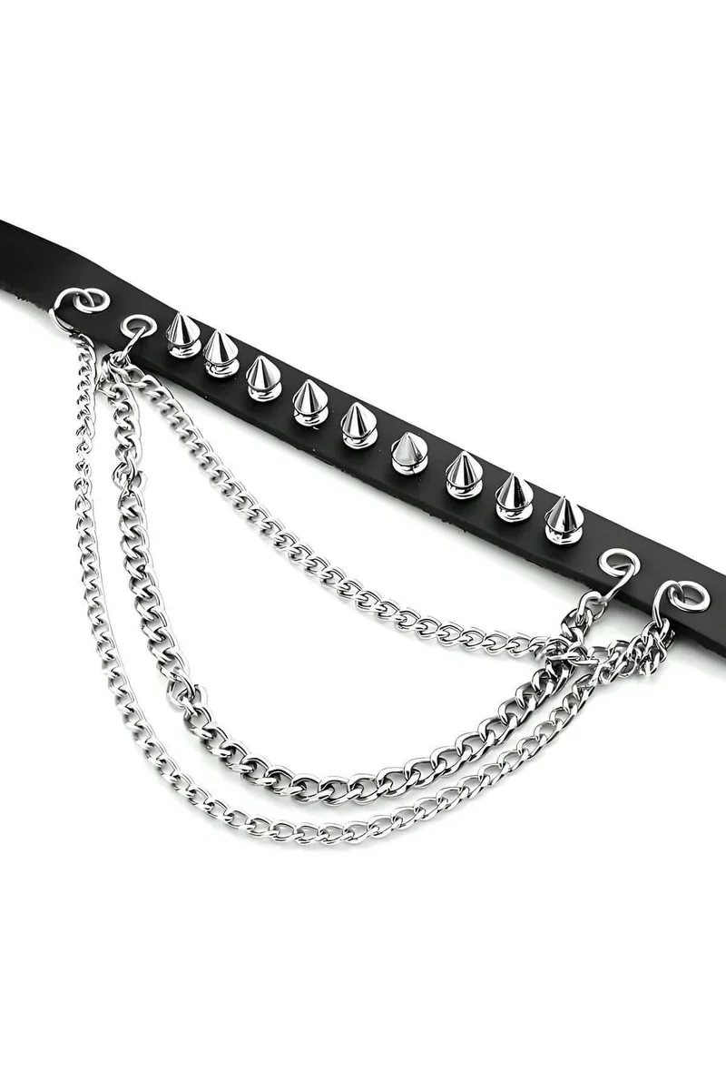 Spiked Leather Choker with Chain Detail - Adjustable Fashion Collar