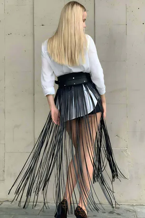 Fringe Waist Belt Skirt for Women - Black Tassel Overlay