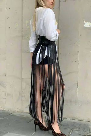 Fringe Waist Belt Skirt for Women - Black Tassel Overlay