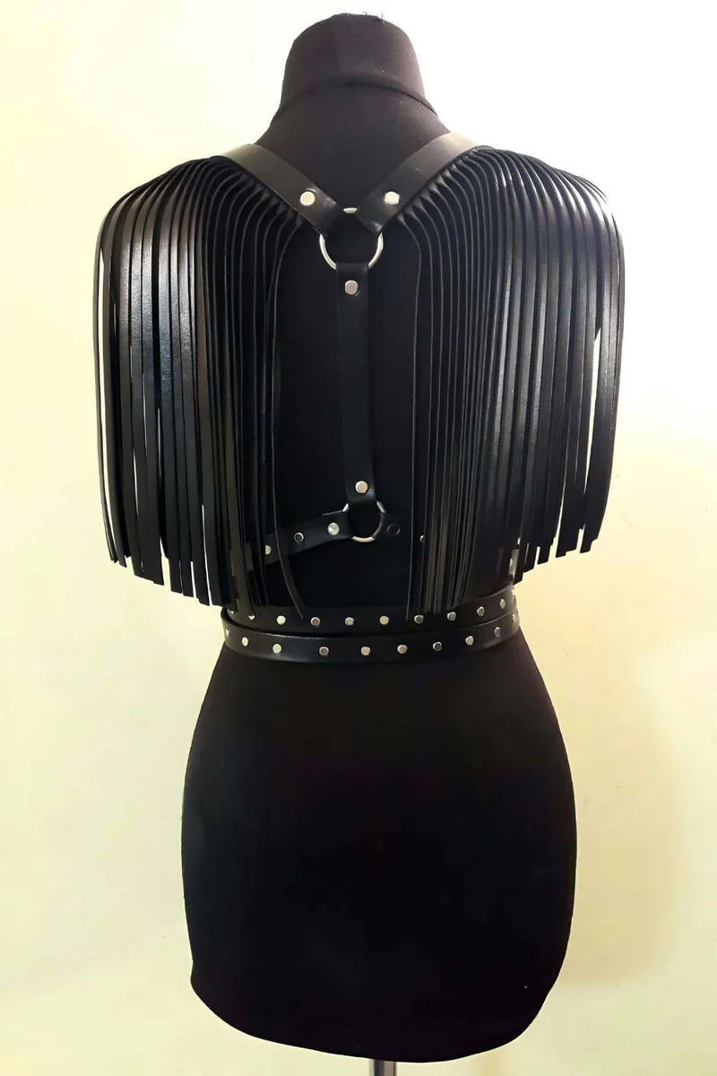 Black faux leather festival harness back with
