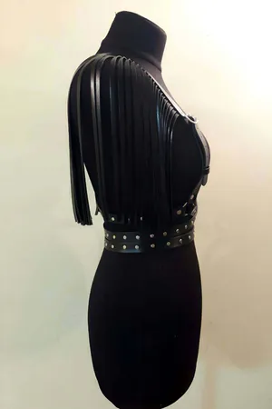 Black Faux Leather Fringe Shoulder Chest Harness with Studded Waist Straps