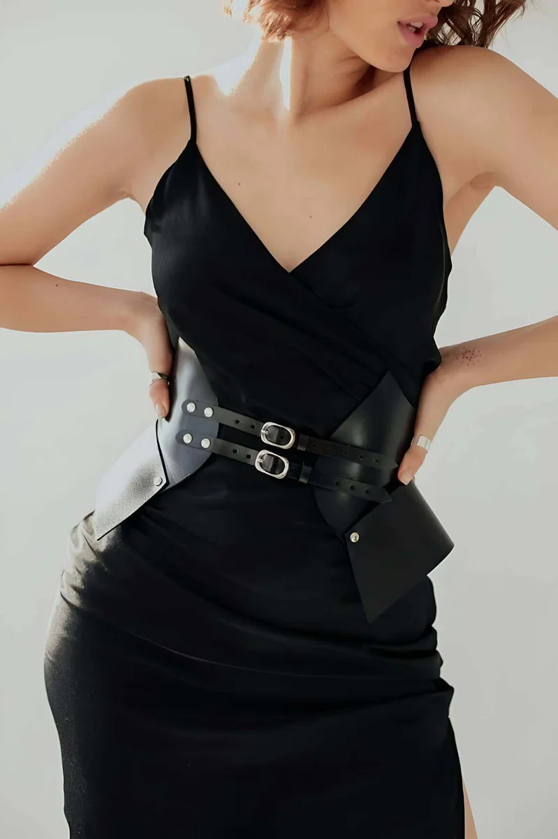 Black structured faux leather corset belt with double silver buckle closure
