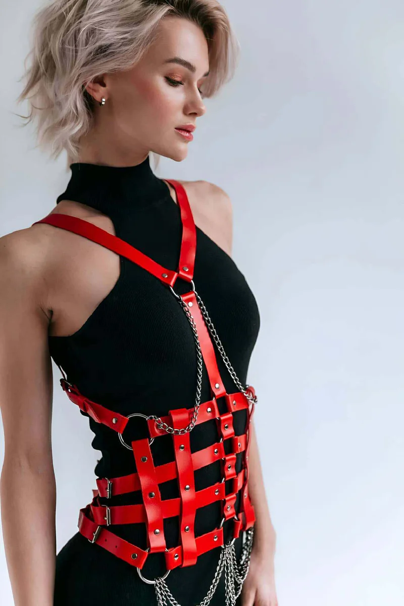 Red Leather Body Harness with Chains - Adjustable Fashion Corset