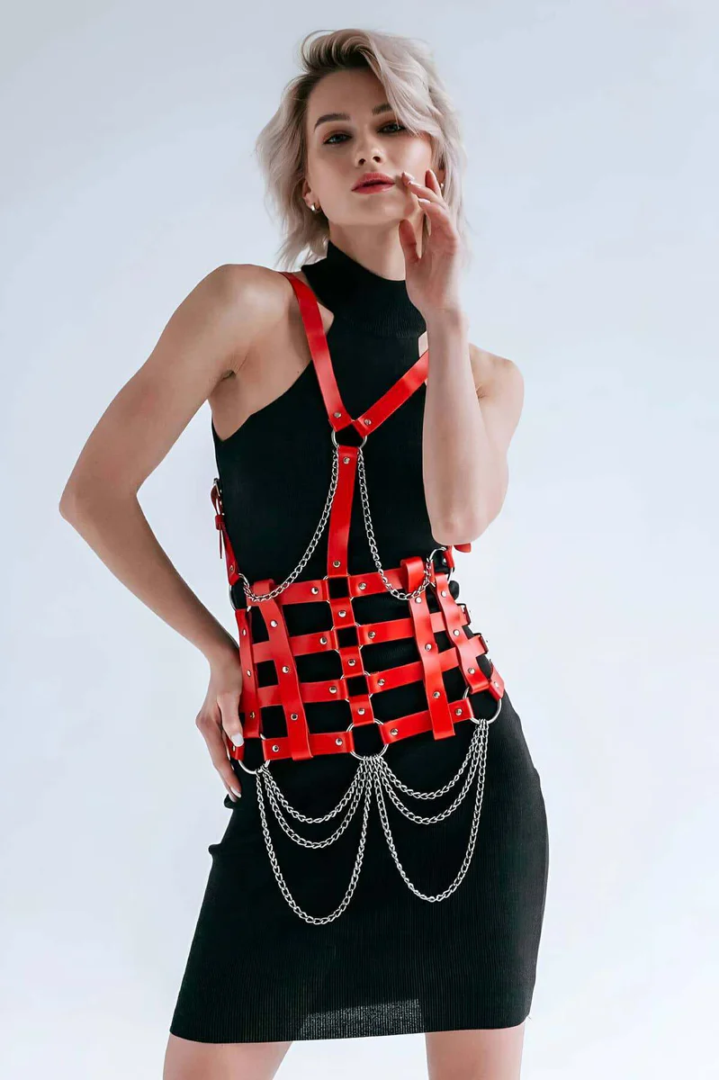 Red Leather Body Harness with Chains - Adjustable Fashion Corset
