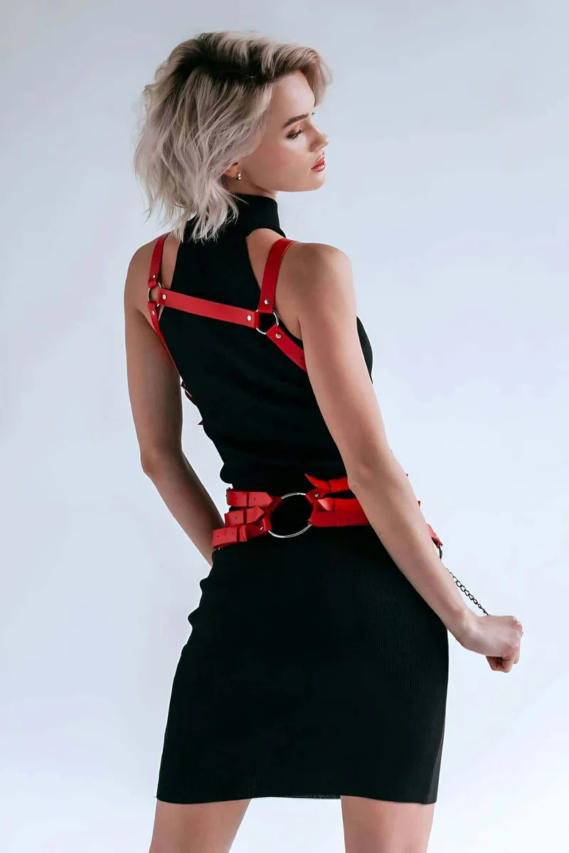 Red Leather Body Harness with Chains - Adjustable Fashion Corset
