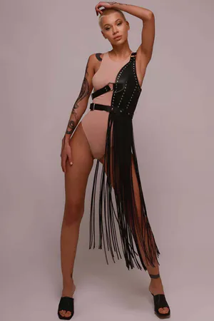 Fringe Leather Harness Skirt - Asymmetrical Waist Belt