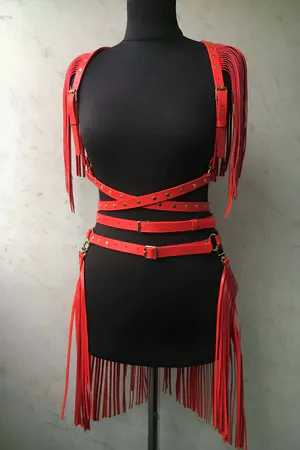 Red Fringe Faux Leather Harness Skirt & Shoulder Set Front View