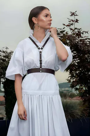 Dark Brown Faux Leather Chest Harness Waist Belt O-Ring Fashion Accessory