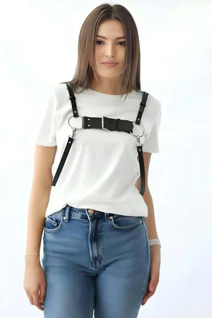 Black Faux Leather Chest Harness with Front Buckle Silver O-Ring Details