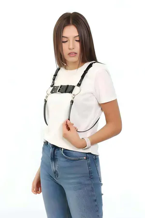 Black Faux Leather Chest Harness with Front Buckle Silver O-Ring Details