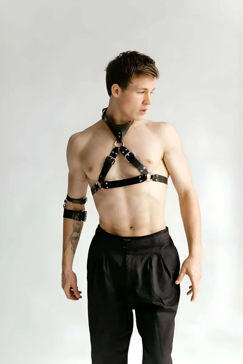 Black Vegan Leather Chest Harness with O-Rings and Arm Cuffs Set on model