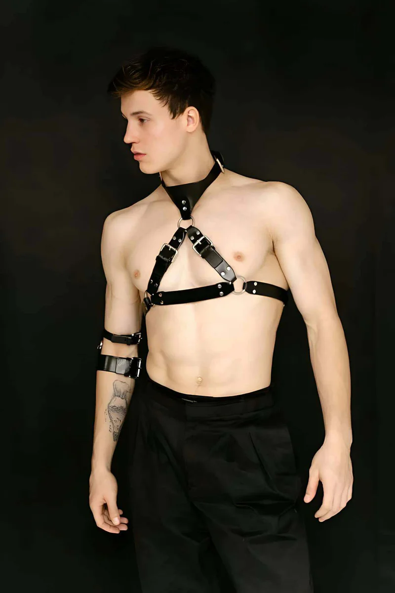 Vegan leather arm cuffs close-up