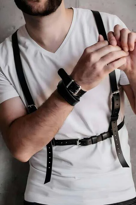 Black Faux Leather Chest Harness with Buckle Straps