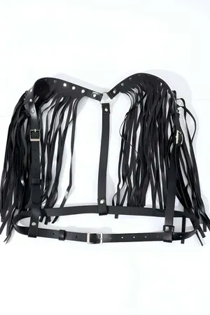 Stylish Leather Waist Belt Harness with Tassels on the Shoulder - APFT1178