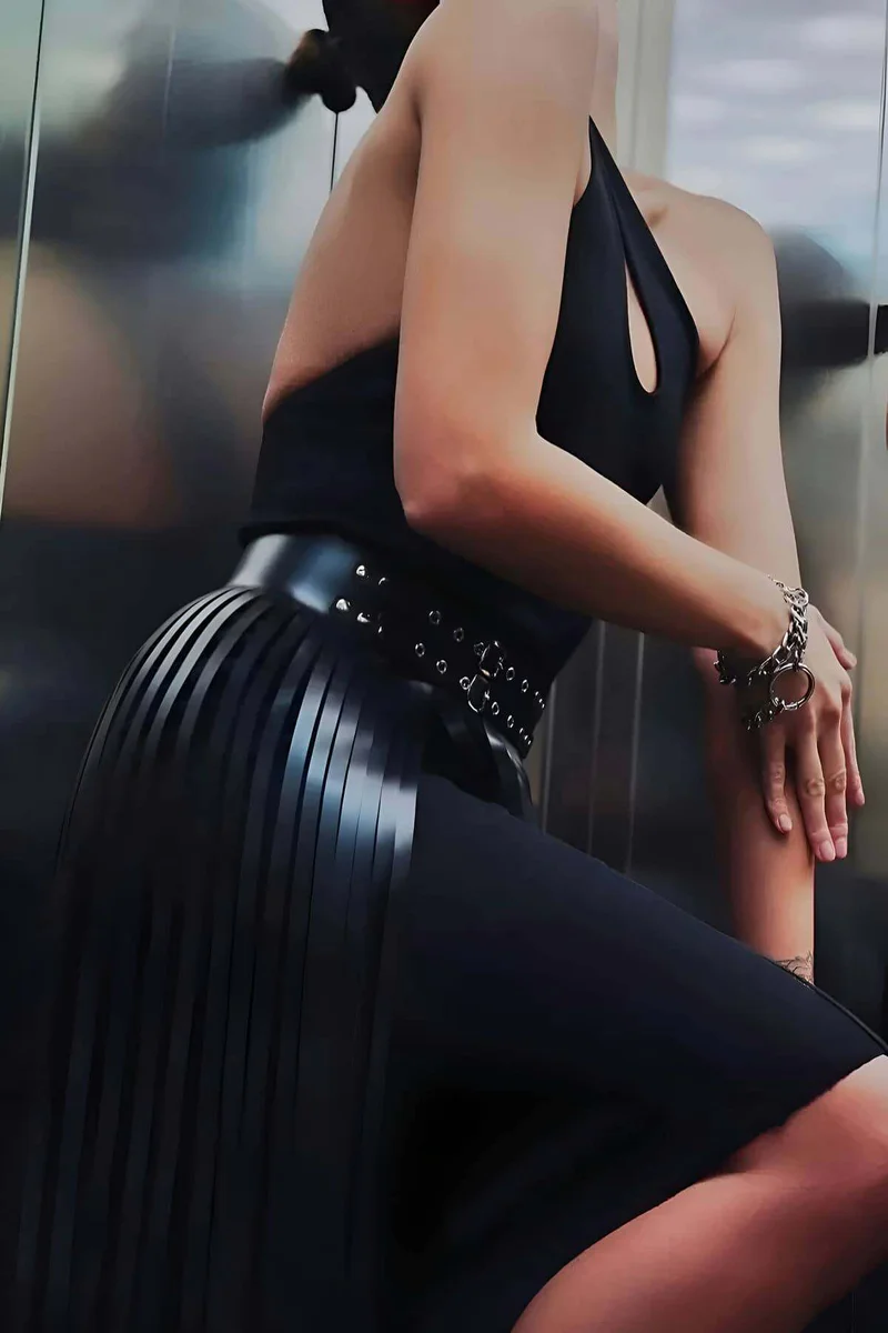 Tasseled Leather Skirt for Women - Chic Black Midi Style