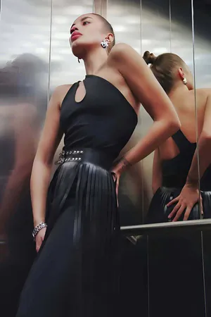 Tasseled Leather Skirt for Women - Chic Black Midi Style