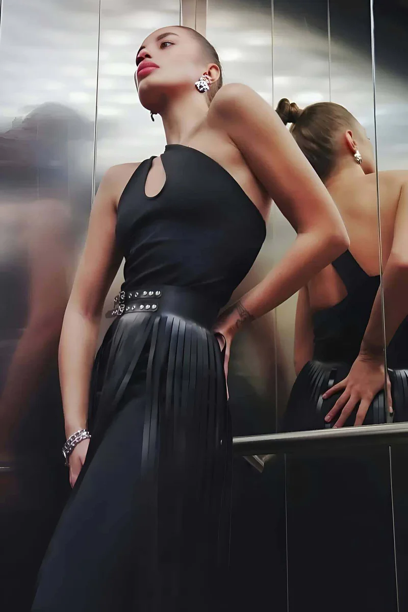 Tasseled Leather Skirt for Women - Chic Black Midi Style
