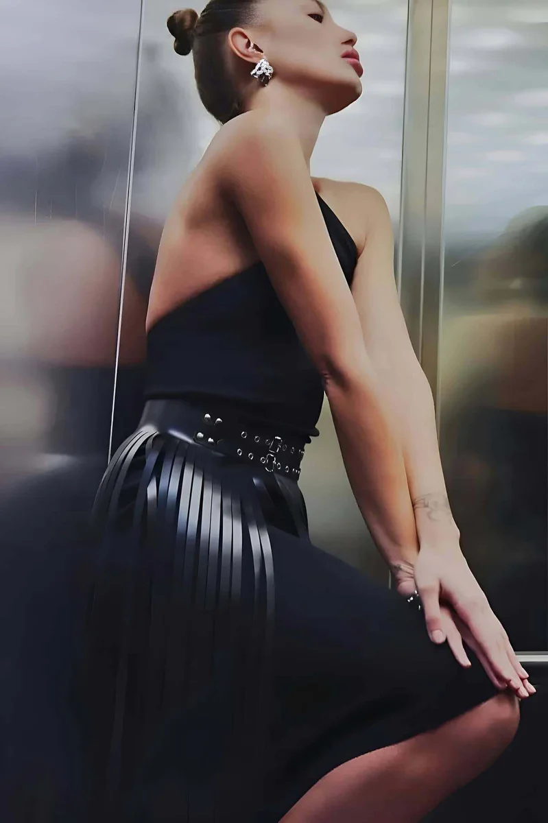 Tasseled Leather Skirt for Women - Chic Black Midi Style