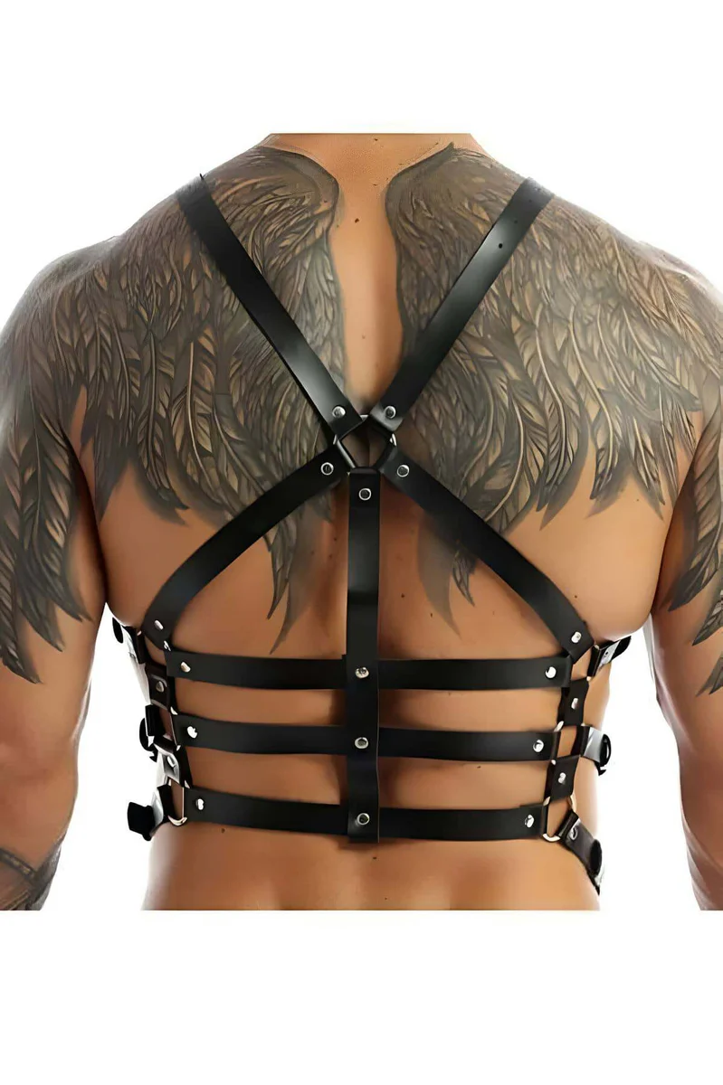Adjustable black faux leather body harness