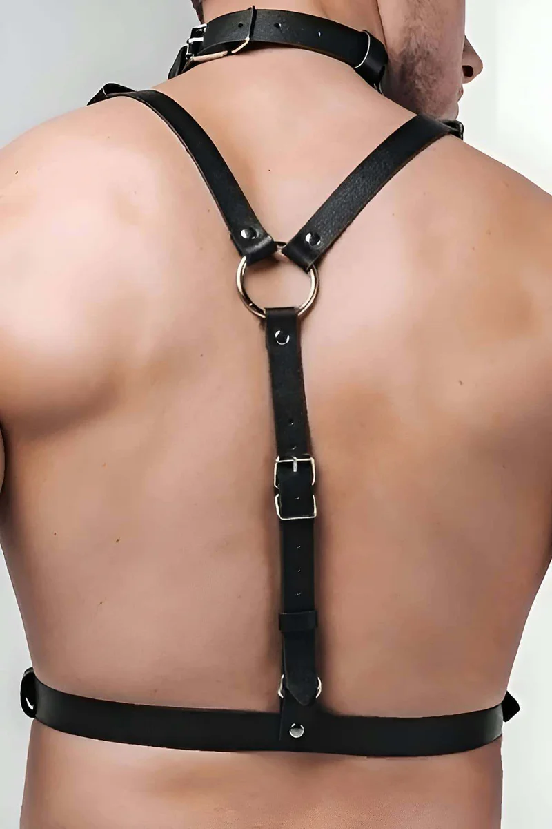 Black Vegan Leather Chest Harness Back View