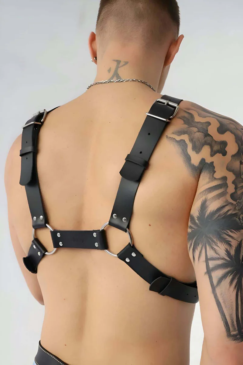 Black faux leather festival harness on male