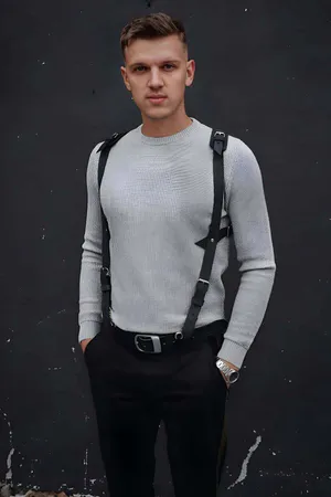 Stylish Men's Leather Harness with Shoulder Detail, Men's Shirt Accessory - APFTM135