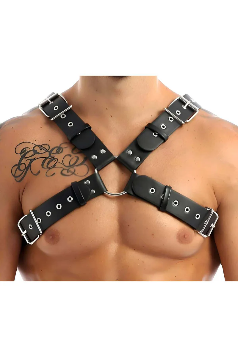 Black Faux Leather O-Ring Chest Harness Adjustable Straps