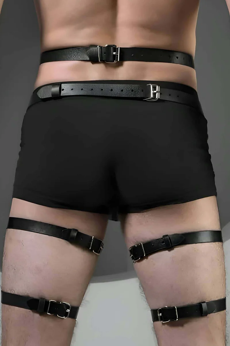 Black vegan leather leg harness front