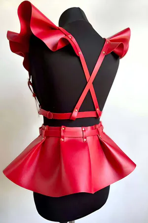 Red Leather Harness Dress for Women - Ruffled Shoulders, Peplum Style