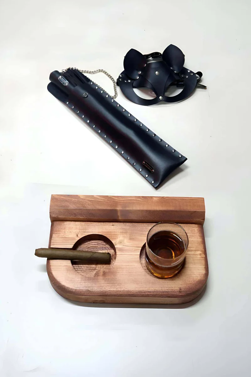 Black Faux Leather Kitty Mask Studded Whip Wooden Drink Tray Set