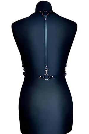 Black Flower Shoulder Harness Vegan Leather Floral Appliques
