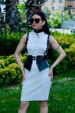 Black Structured Waist Harness Belt with Sculpted Hip Panels & Choker Set in Vegan Leather