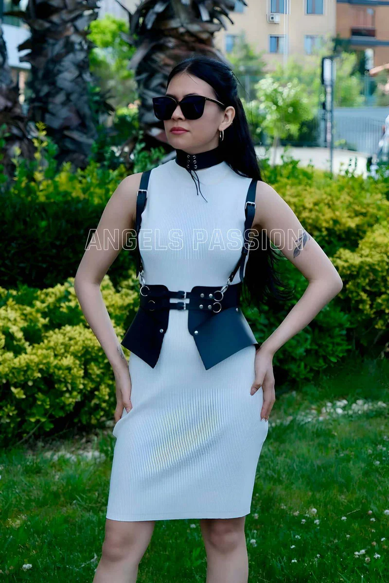 Black vegan leather harness belt front view