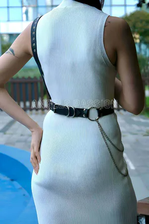 Black Asymmetric Faux Leather Body Harness with Silver Chain Detail and Wide Waist Belt