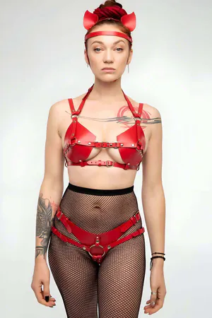 Fancy Leather Bra and Panty Set, Harness with Headphone Detail - APFT871