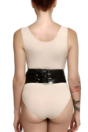 Black Faux Leather Rivet Studded Waist Cincher Harness Front View