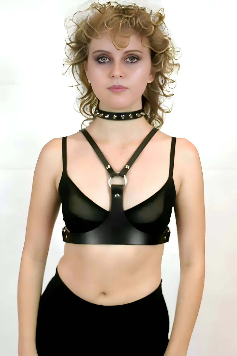 Black Faux Leather Chest Harness with Spiked Choker Set Women's Adjustable Straps
