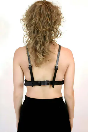 Black Faux Leather Chest Harness with Spiked Choker Set Women's Adjustable Straps