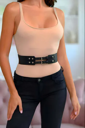 Black Faux Leather Wide Waist Belt Double Buckle Silver Studs