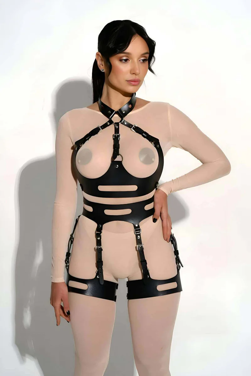 Leather Garter Harness Set, Fancy Leather Underwear - APFT1302