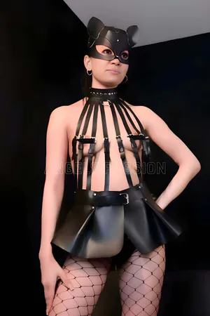 Black Faux Leather Multi-Strap Body Harness with Pleated Mini Skirt and Cat Mask