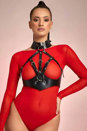 Halter Neck Open Breast Leather Fantasy Bra Harness - APFT1286