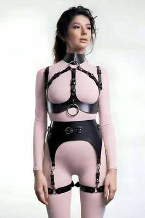 Ringed Open Chest Leather Garter Harness Set - APFT1231