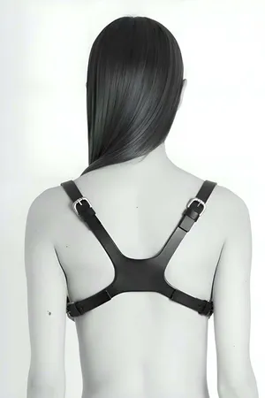 Black Vegan Leather Skull Design Chest Harness Front View